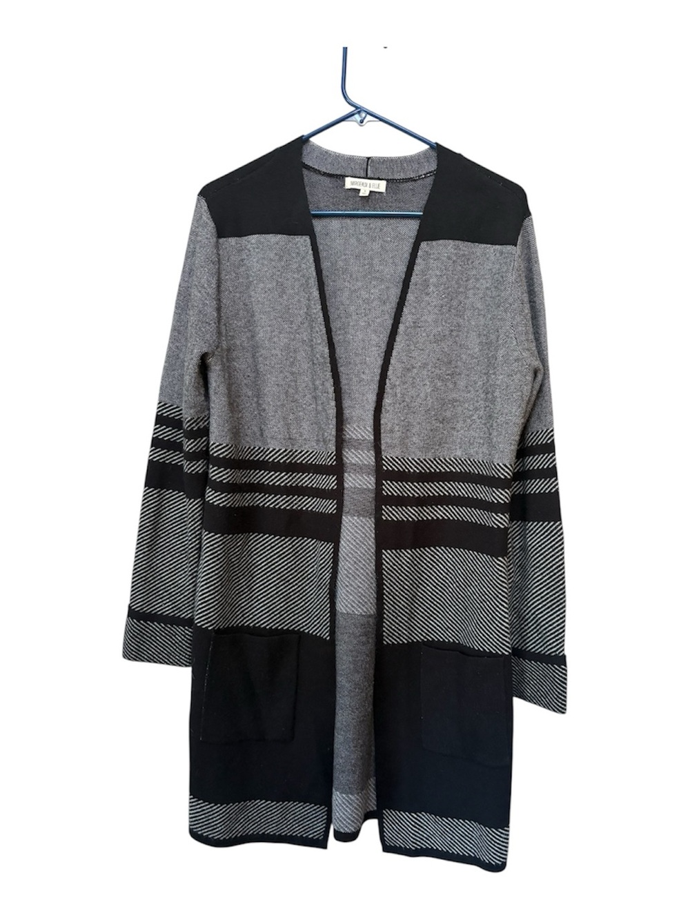 Margeaux & Elle S Longline Black Gray Graphic Stripe Cardigan